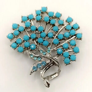 Silver Tone Blue Beading and Rhinestones Brooch 2"